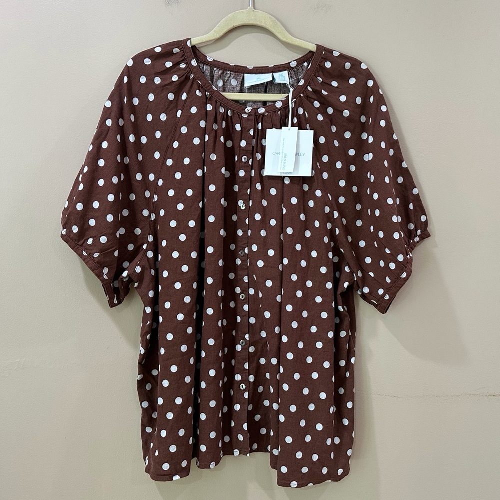 NWT Cynthia Rowley Brown Polka Dot Tunic Blouse Button Up Women's Plus 3X